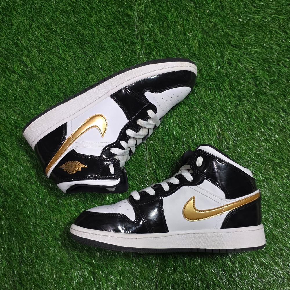 Air Jordan 1 Mid SE (GS) -Patent Black/White/Metallic Gold -Size 5Y (Women 6.5)
